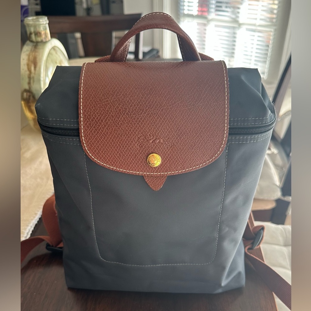 Longchamp Navy Blue Nylon Backpack with Brown Leather Flap